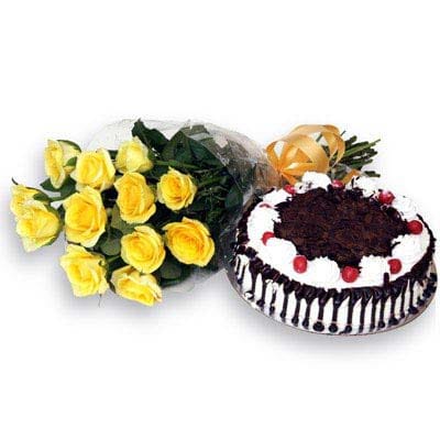 Yellow Roses with Black Forest Cake