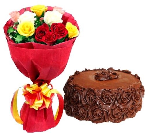 Mixed Roses with Choco Rose Cake