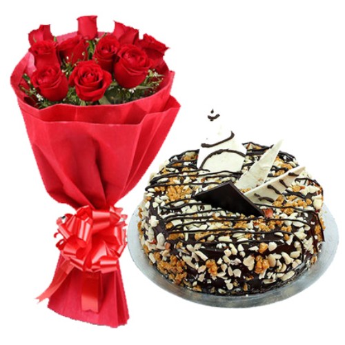Red Roses with Nutty Delight Cake