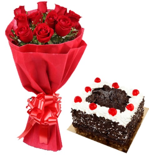Roses Bunch with Black Forest Cake